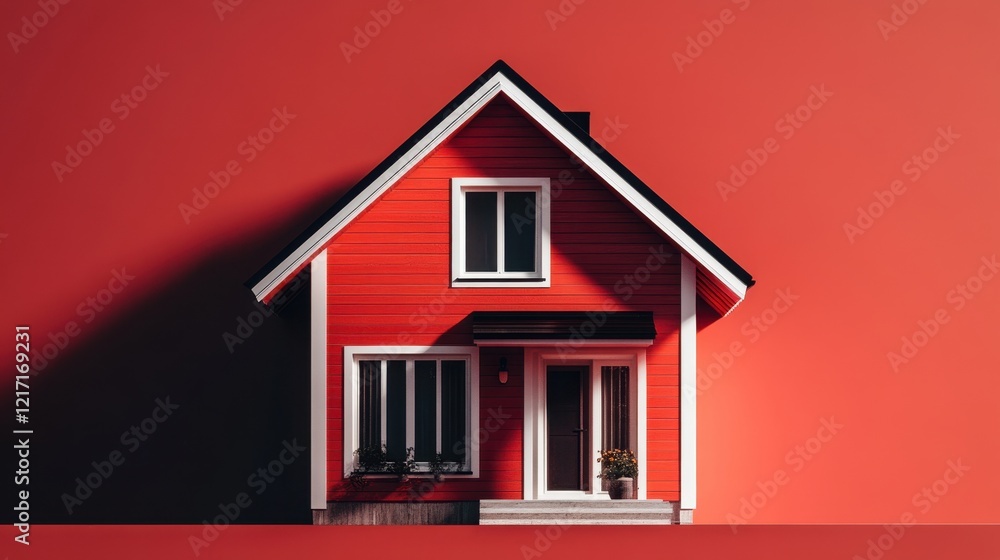 Red wooden house with white trim against solid red background, front view Red wooden house with white trim against solid red background, front view