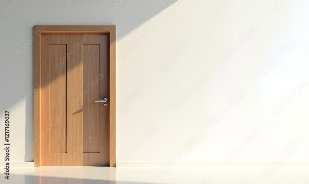 Fototapeta premium Sunlight streams onto a closed, light wood door, set against a stark white wall. Simple elegance.