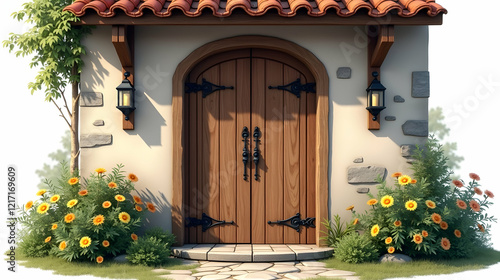 Charming rustic doorway, bathed in sunlight, framed by vibrant yellow flowers and a terracotta roof. A tranquil scene. photo