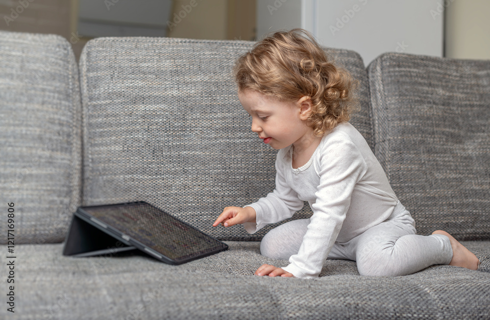 Little girl using a tablet in a cozy home environment. A small child playing with a tablet in a comfortable home setting.