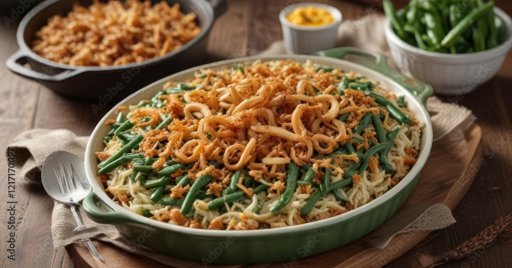 Green bean casserole with crispy fried onions on top, comfort food, fried Green bean casserole with crispy fried onions on top, comfort food, fried
