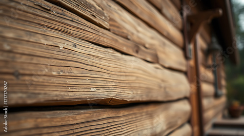 Close-up view of rustic wooden wall, showcasing the texture and detail of aged timber planks. Ideal for backgrounds or design projects related to rustic architecture or nature themes. photo