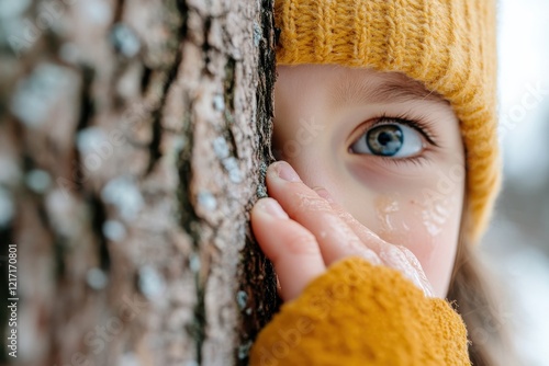 A child peeks around a tree, showcasing bright blue eyes filled with wonder and curiosity, capturing the spirit of childhood in a serene outdoor setting. photo