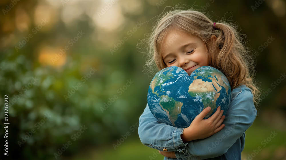 A cute little child stands hugging a heart shaped globe. Expressing their love for the world for Earth day and World peace. A cute little child stands hugging a heart shaped globe. Expressing their love for the world for Earth day and World peace.