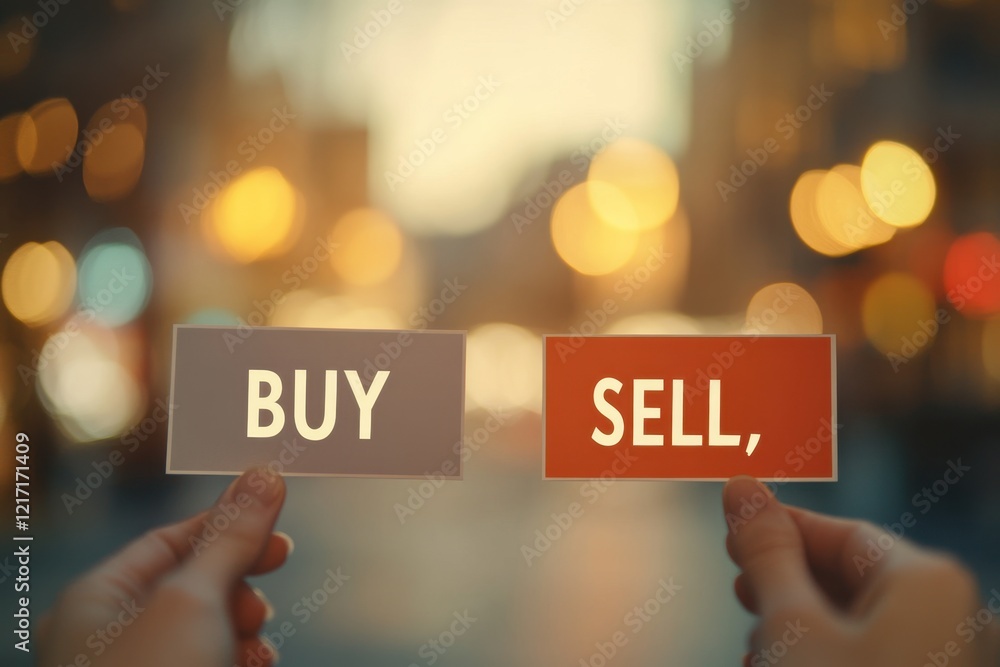 Two hands hold cards displaying bold text for buy and sell in a busy area