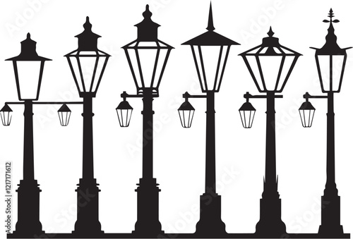 Six black silhouettes of lantern-topped street lamps, glowing warmly and exuding