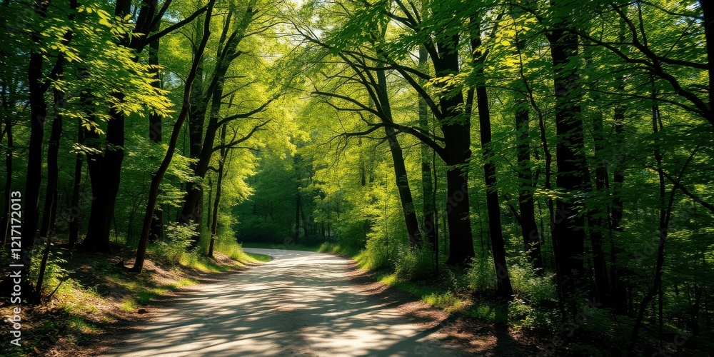 Fototapeta premium Sun-dappled path winding through a lush green forest with tall trees casting shadows