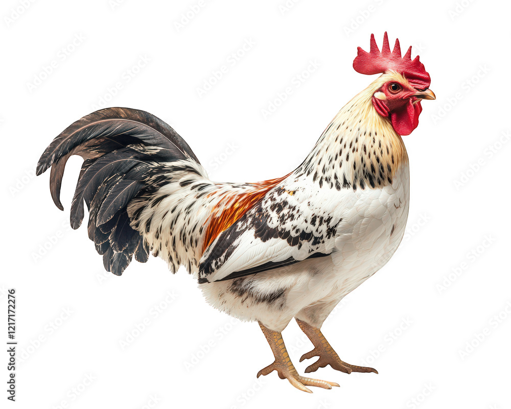 Fototapeta premium realistic rooster with vibrant feathers, standing proudly against transparency background. This majestic bird showcases mix of colors, including white, black, and red, highlighting its unique