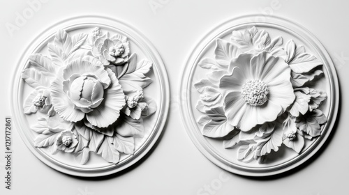 Intricate floral bas-relief artwork featuring detailed petals and leaves photo