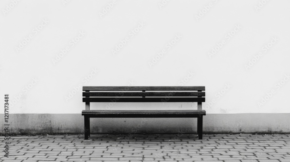 Minimalistic black bench against a stark white wall in an urban setting, evoking solitude Minimalistic black bench against a stark white wall in an urban setting, evoking solitude