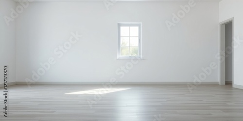 Empty room with light grey laminate flooring  a single window  and a closed door