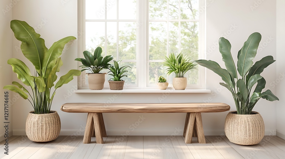Wooden Bench and Lush Plants Near Bright Window Wooden Bench and Lush Plants Near Bright Window
