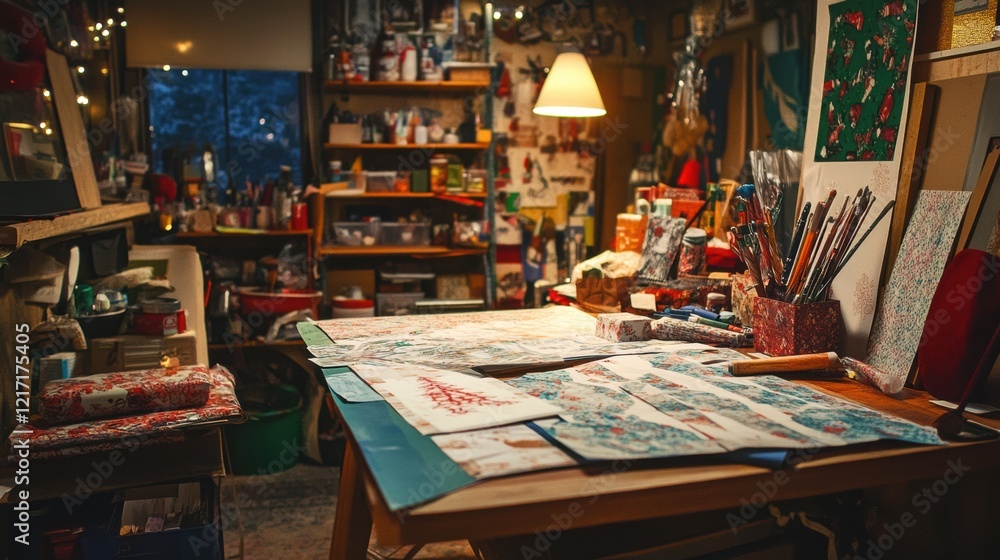 A cozy art studio with a wooden table, paintbrushes, and art supplies, illuminated by a warm lamp and decorated with festive lights. A cozy art studio with a wooden table, paintbrushes, and art supplies, illuminated by a warm lamp and decorated with festive lights.