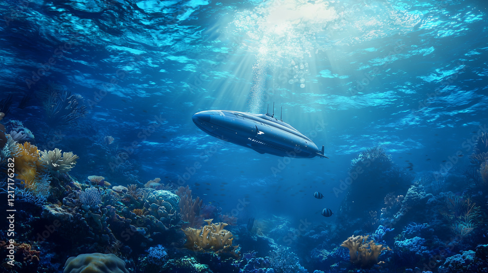 Submarine Navigating Underwater with Marine Life and Blue Lighting Submarine Navigating Underwater with Marine Life and Blue Lighting