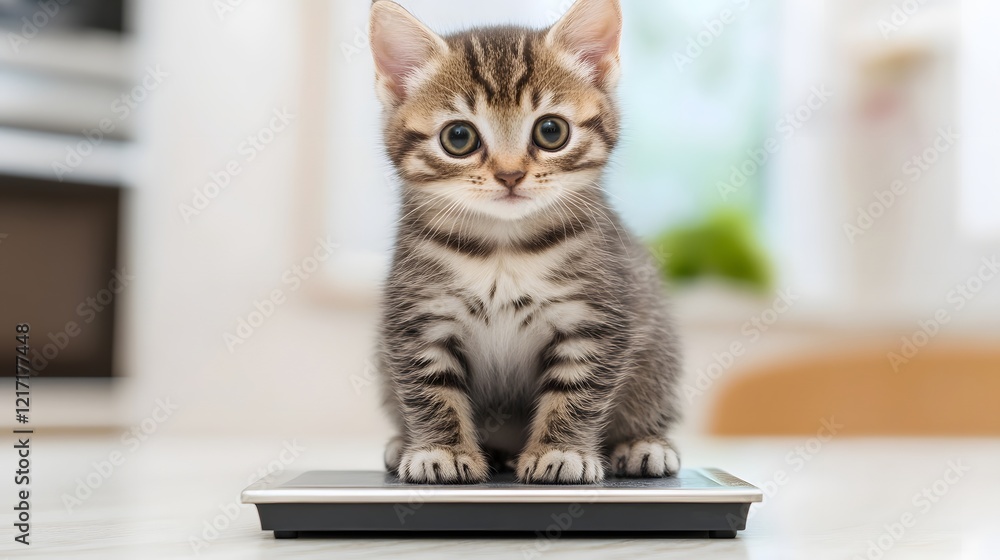Playful Kitten Being Weighed on Small Scale for Pet Health Check-up and Growth Monitoring Playful Kitten Being Weighed on Small Scale for Pet Health Check-up and Growth Monitoring
