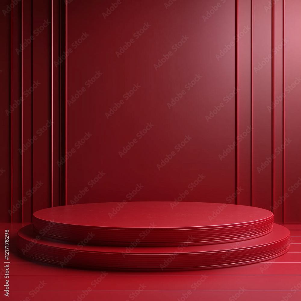 Minimalist red podium for product placement, with elegant vertical lines on the background Minimalist red podium for product placement, with elegant vertical lines on the background