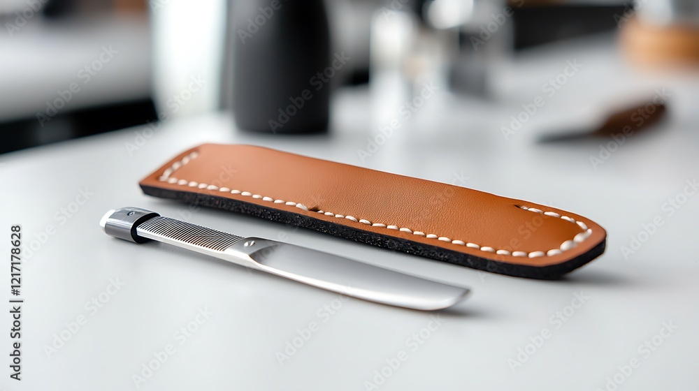 A sleek, modern straight razor rests beside its tan leather sheath on a white surface. A sleek, modern straight razor rests beside its tan leather sheath on a white surface.