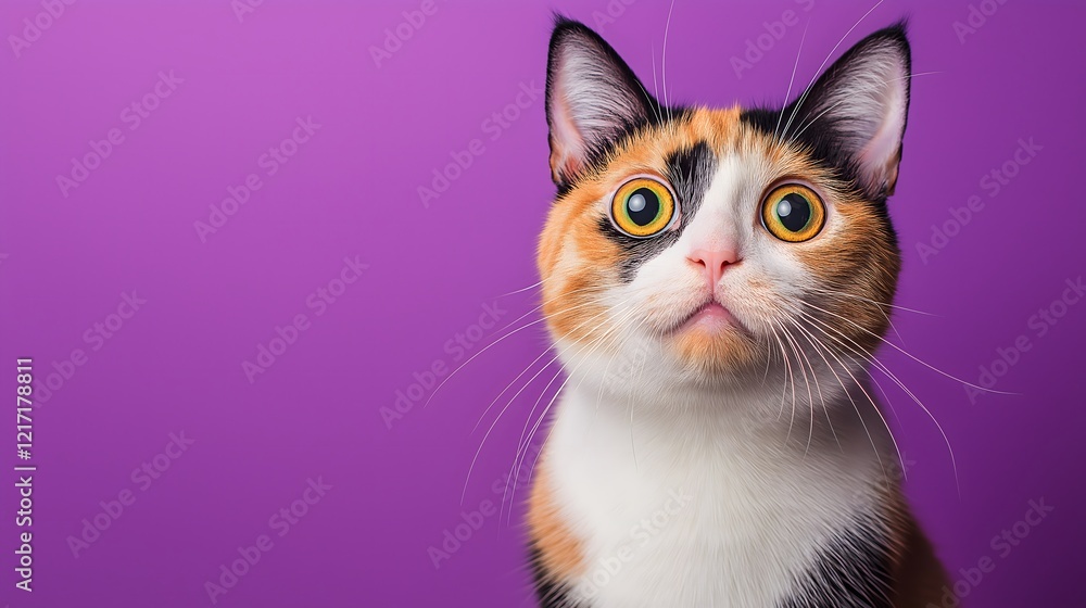 Calico cat with fur standing on end gazes curiously against a vibrant purple backdrop Calico cat with fur standing on end gazes curiously against a vibrant purple backdrop