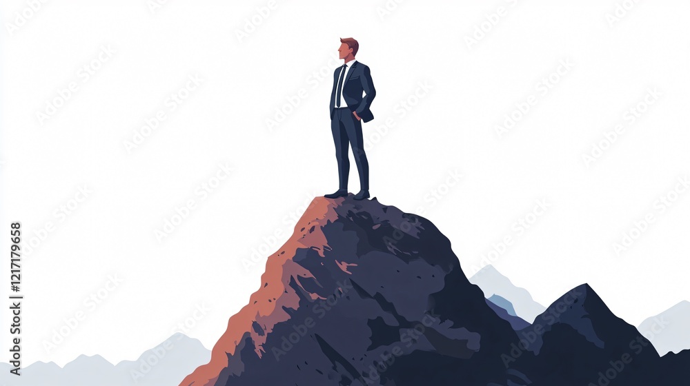 Confident Businessman Standing on Mountain Peak Confident Businessman Standing on Mountain Peak