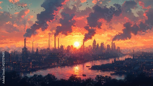 Bustling industrial revolution cityscape smoke rising from factory chimneys workers entering massive factories in the background