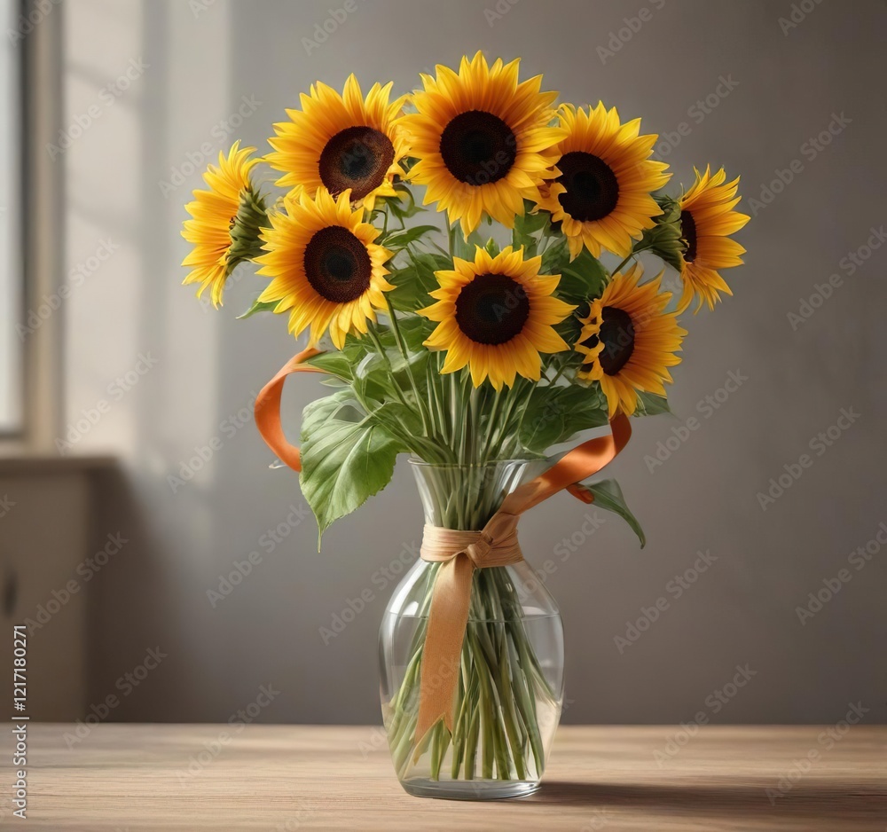 Colorful sunflowers standing upright in a glass vase with a natural fiber ribbon wrapped around the neck , flower arrangement ideas, bright flowers Colorful sunflowers standing upright in a glass vase with a natural fiber ribbon wrapped around the neck , flower arrangement ideas, bright flowers