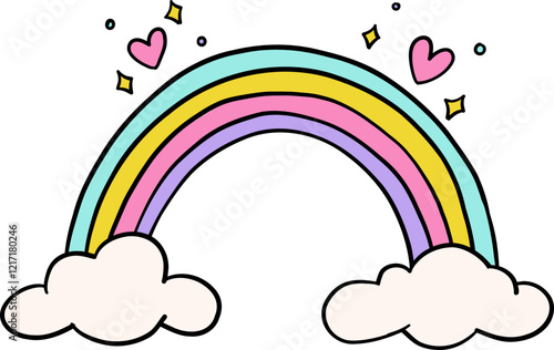 Playful illustration of a pastel rainbow arching between fluffy clouds, surrounded by pink hearts and sparkles