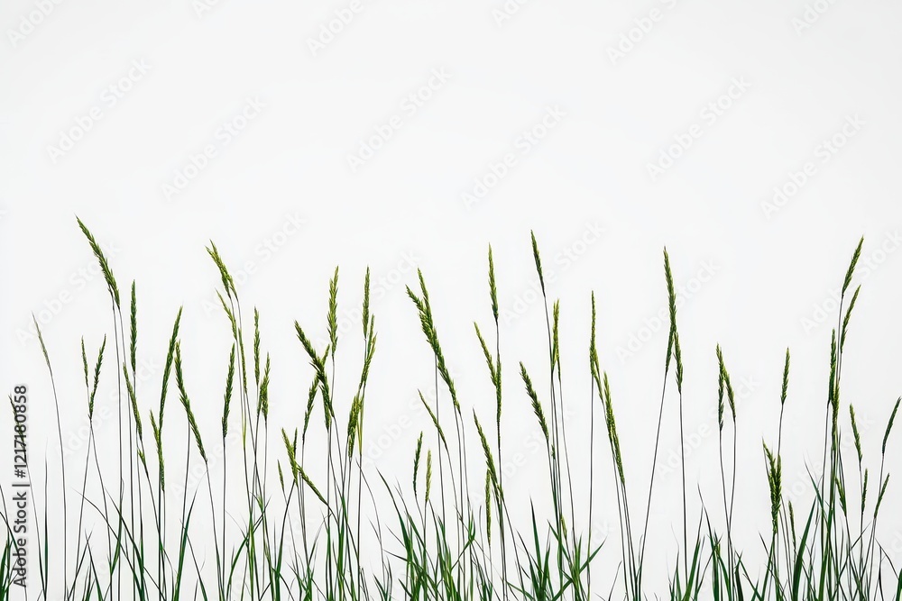 Green grass blades against white, nature backdrop, spring Green grass blades against white, nature backdrop, spring