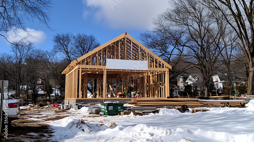 Skeleton frame of a house under construction, showing the overall structure photo