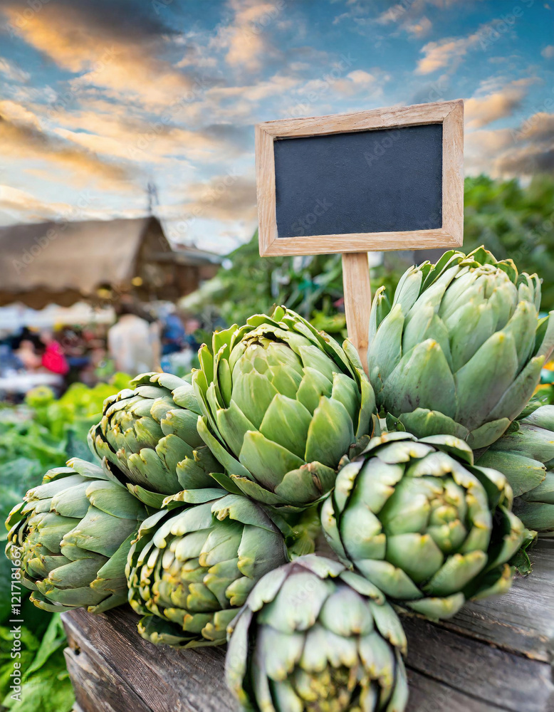Fototapeta premium Fresh artichokes are displayed in the foreground, with a chalkboard sign against a vibrant sunset sky, creating an inviting scene at a local farmer's market or produce stand.