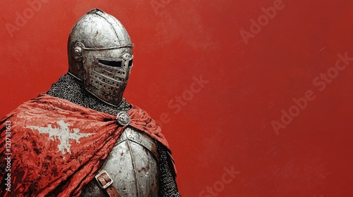 A knight in armor stands against a bold red background, showcasing a blend of history and artistry with a focus on protective gear and medieval themes.