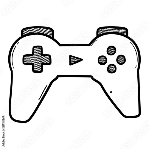 Hand drawn doodle wireless joystick for video games on white background.