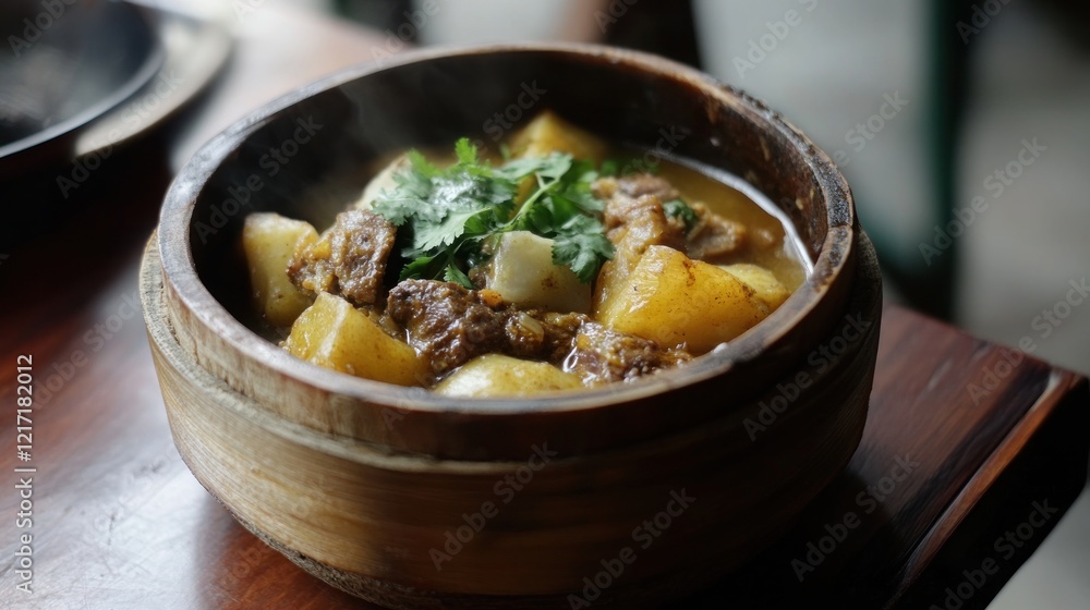 Steaming Beef Potato Stew, Wooden Bowl, Restaurant, Menu Steaming Beef Potato Stew, Wooden Bowl, Restaurant, Menu