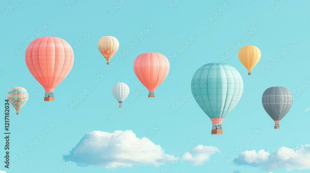 Fototapeta premium Colorful hot air balloons float against a clear blue sky, creating a whimsical and serene atmosphere with fluffy clouds.