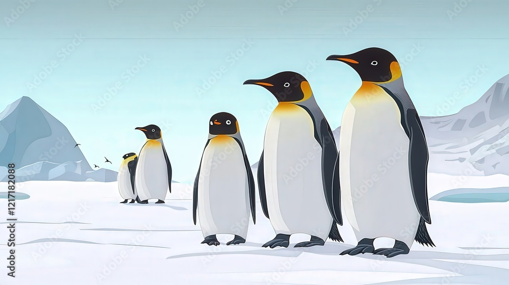Obraz premium A group of animated penguins standing on an icy landscape, showcasing their distinctive black and white plumage against a serene background.