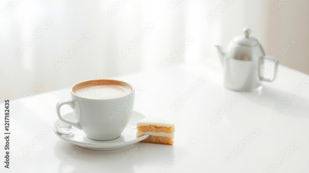 Aromatic Coffee with Creamy Cake and Teapot on a White Table Aromatic Coffee with Creamy Cake and Teapot on a White Table