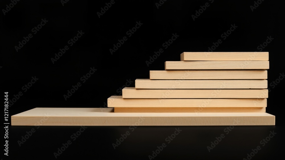Wooden planks arranged in ascending order on a platform against a black background Wooden planks arranged in ascending order on a platform against a black background