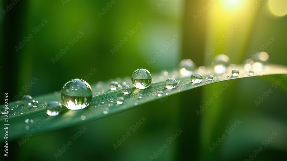 Closeup of dew drops on green leaf in nature Closeup of dew drops on green leaf in nature