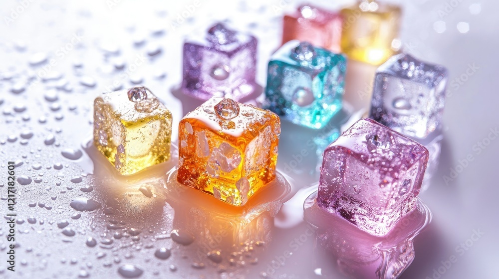 A visually striking arrangement of ice cubes in various colors, A visually striking arrangement of ice cubes in various colors,
