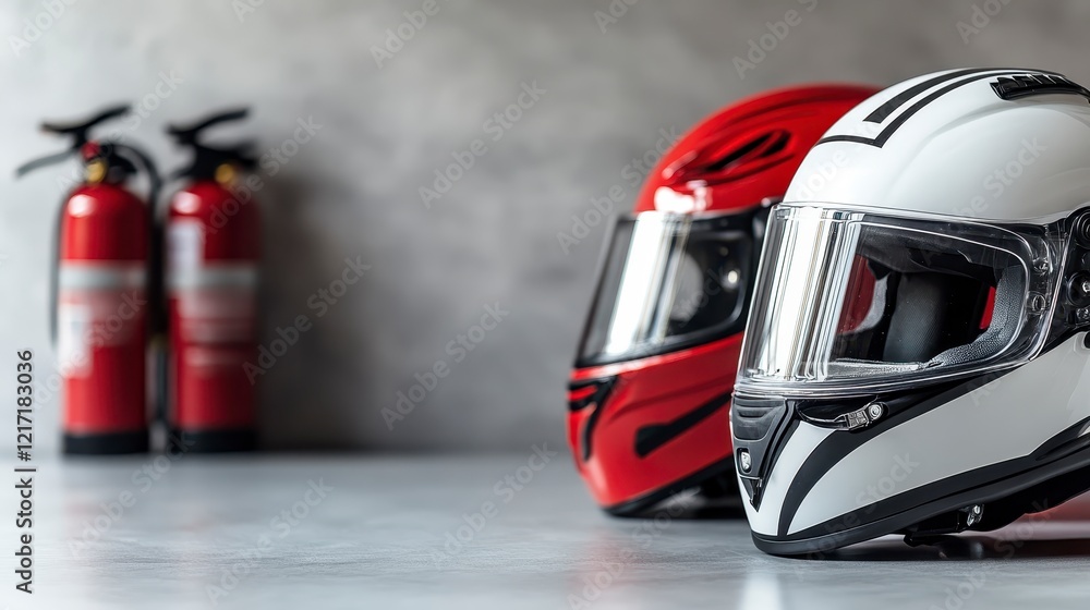 Safety First Red and White Motorcycle Helmets with Fire Extinguishers