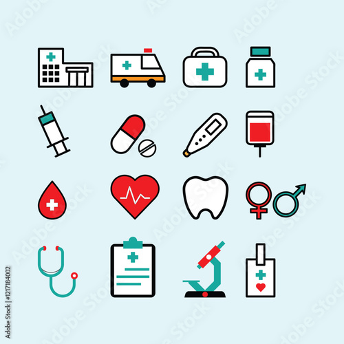 Medical, healthcare and clinic equipment icon set. Medical care service symbol collection. Medical icons.