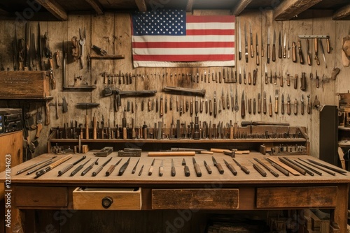 Vintage Workshop with Tools and American Flag photo