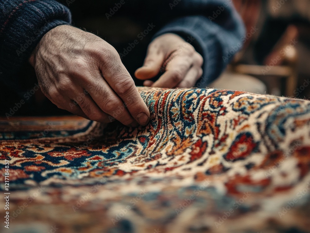 Close-up of skilled artisan's hands carefully inspecting and folding a beautifully intricate handmade rug, showcasing vibrant patterns and textures in a cozy workshop setting Close-up of skilled artisan's hands carefully inspecting and folding a beautifully intricate handmade rug, showcasing vibrant patterns and textures in a cozy workshop setting