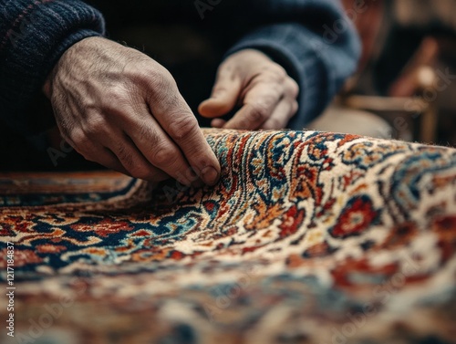 Close-up of skilled artisan's hands carefully inspecting and folding a beautifully intricate handmade rug, showcasing vibrant patterns and textures in a cozy workshop setting