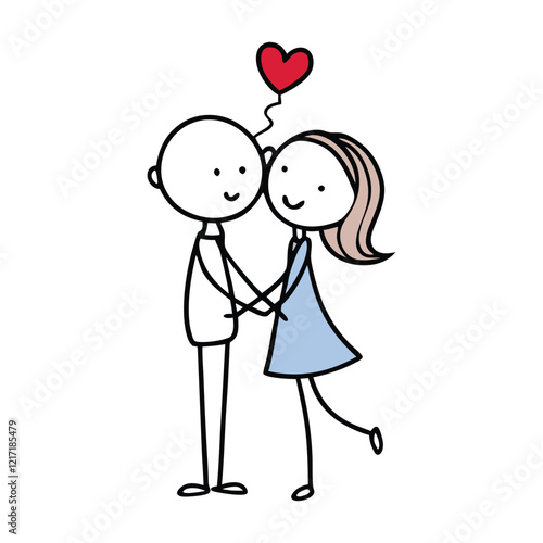 A stick-figure couple in love, sharing a tender kiss while embracing each other. Their simple lines and joyful expressions convey deep affection and connection. photo