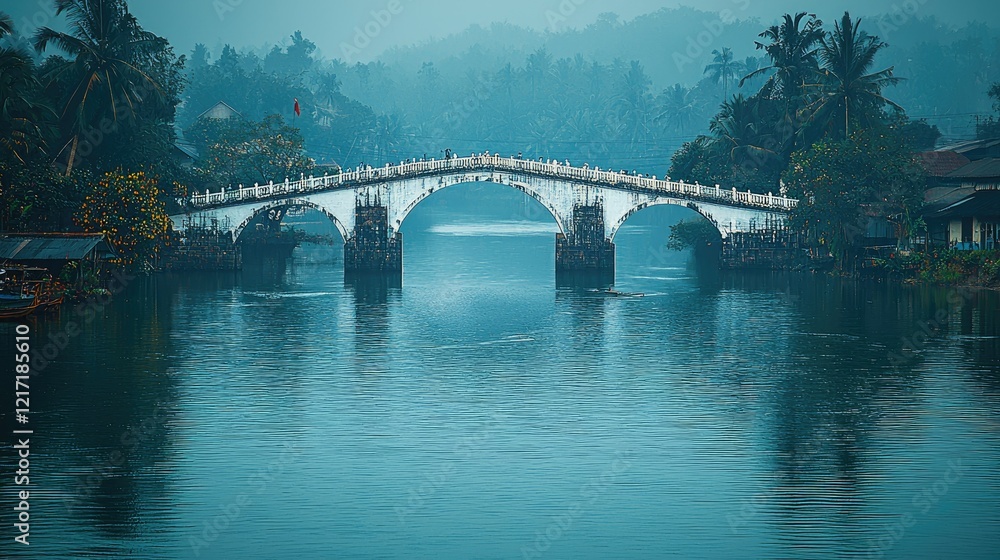 Fototapeta premium Serene Stone Bridge Over Calm Tropical River