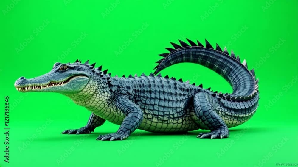 Studio shot of crocodile on green screen, chroma key background, wildlife documentary use Studio shot of crocodile on green screen, chroma key background, wildlife documentary use