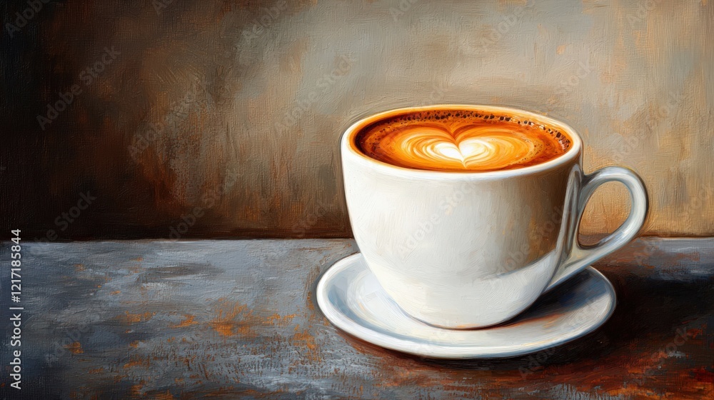 Obraz premium A beautifully crafted latte in a white cup, featuring a heart design atop, set against a textured background that enhances its inviting appearance.