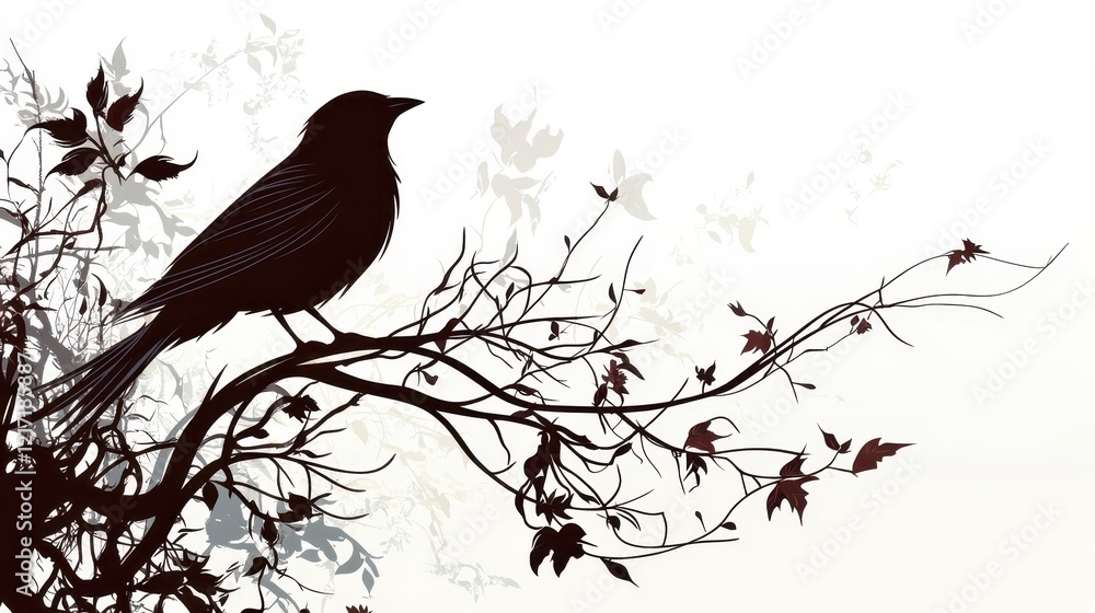 Silhouette of a Bird Perched on a Branch with Abstract Leaves Silhouette of a Bird Perched on a Branch with Abstract Leaves