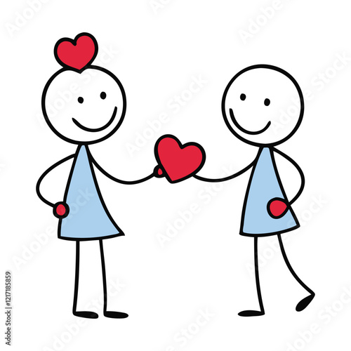 Two stick figures stand facing each other, exchanging hearts with joyful expressions. A simple, heartwarming scene symbolizing love, kindness, and connection.