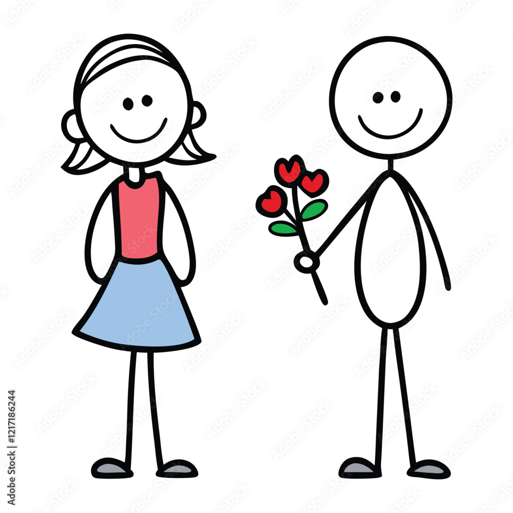 A simple yet charming scene of a young woman and her amorous admirer, depicted as stick figures, with the swain holding flowers in an endearing gesture of affection. A simple yet charming scene of a young woman and her amorous admirer, depicted as stick figures, with the swain holding flowers in an endearing gesture of affection.
